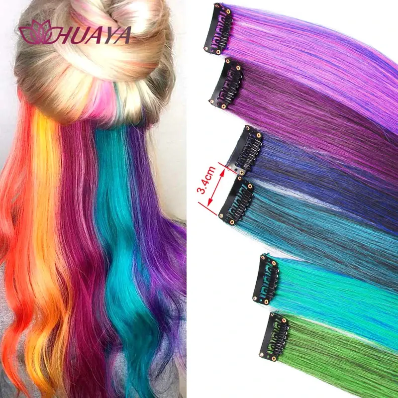 Colorful Synthetic Hair Long Straight Hair Strands On Barrettes Clip In Hair Extensions kanekalons Fake Hair Pins
