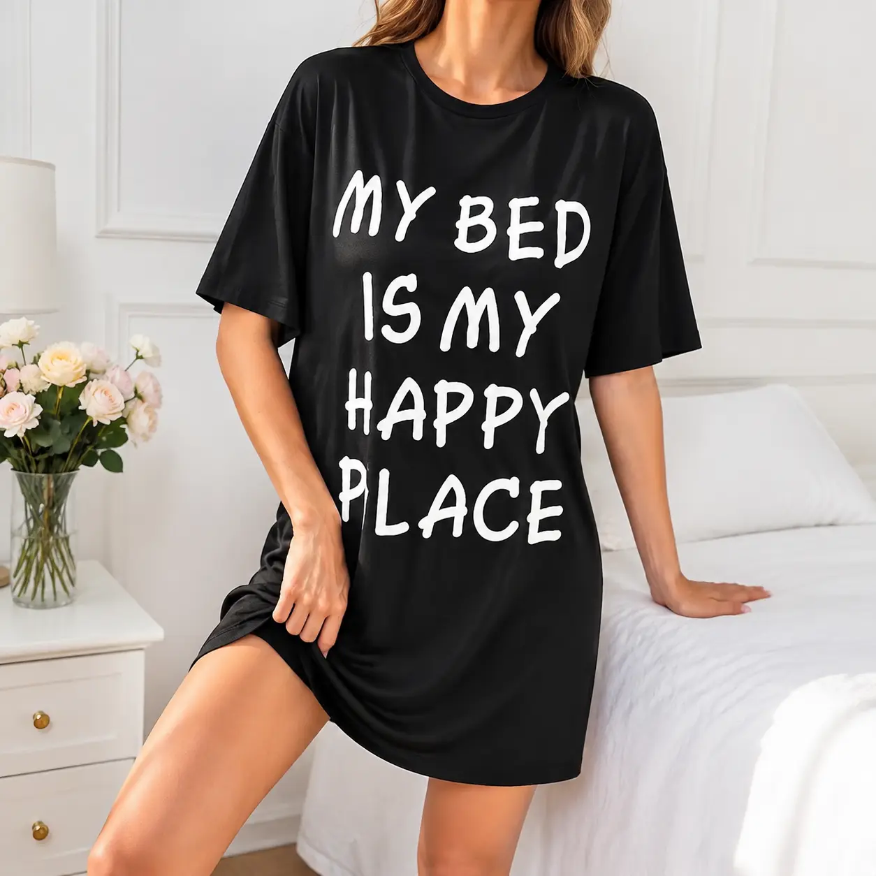 Women's Oversized Graphic T-Shirt Sleep Dress - Soft Crew Neck Short Sleeve Loungewear Dress, Lightweight Sleepwear with Loose Cut for Casual Wear, Loungewear Dresses