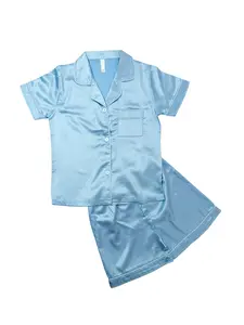 Girls Light Blue Milk Silk Pajamas Set 5-14Y | Contrast Piping Short Sleeve Sleepwear | Soft Luxury Kids Loungewear, Short Sleeve Tops, Moisture Wicking Shirts