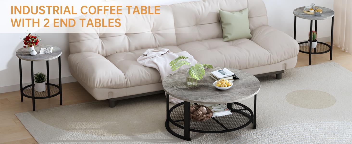 Living Room Coffee and End Table Sets, Wooden Modern Rustic Center Table with Two Side Tables, 3 Piece Living Room Coffee Table Set with Storage for Living Room, Apartment