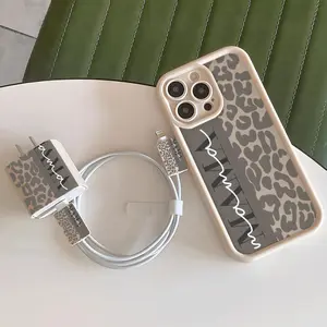 5 Piece Set Leopard Print Mama iPhone Case, Shockproof Protective Charging Head Cover, Data Cable Protector, Storage Rope, Fits iPhone 11-16 Series, Accessories