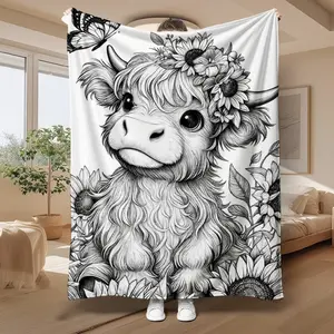 Colorable highland cow fleece blanket - Soft and warm. A gift blanket for family and friends, a small nap blanket, a sofa blanket, a multi-functional blanket for camping and traveling, a veteran's blanket, a retro hand-painted fashionable blanket.