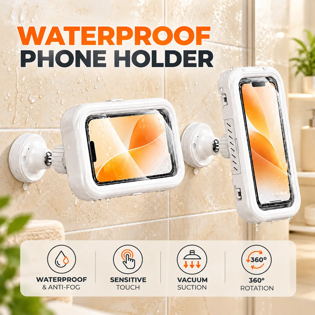 Shower Phone Holder for Bathroom Users, 4-7 Inch Anti-Fog HD Touchscreen Phone Mount, 360° Rotating Vacuum Mount, Reusable Repositionable Suction Cup Holder, No Glue No Residue Secure Hold for Shower Kitchen