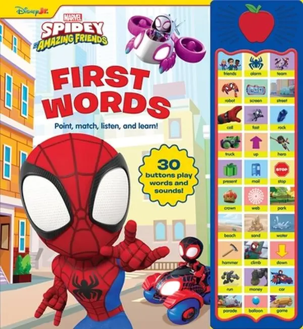 Disney Junior Marvel Spidey and His Amazing Friends First Words Sound Book - Pi Kids Mixed Media Product, 30 Sound Buttons, English Language, Ghost-Spider Character, Included Battery