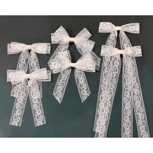 White Lace Tulle Hair Bows with Long Tail Ribbons, Metal Bowknot and Tassel Barrettes for Women