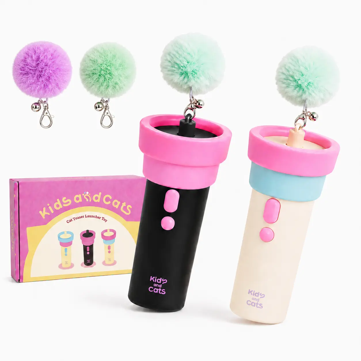 Automatic Cat Teaser Launcher - Electric Retractable Wand Toy with Replaceable Fluffy Poms, Interchangeable Attachments, 1-Hand Operable, Compact Portable Size, Hands-Free Design, Instinct Boost for Kittens cat toys cat stuff cool cat stuff