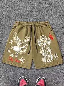 Vintage Washed Streetwear Shorts for Men, Gothic Cherub & Dove Graphic Drawstring Denim Shorts, "Stay Fierce" Slogan Dark Aesthetic Bottoms for Casual Hangouts & Alternative Fashion