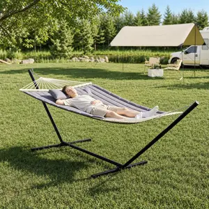 Double Portable Hammock with Stand, 2 Person Hammock with Carry Bag, Balance Ropes Included, 450lb Capacity