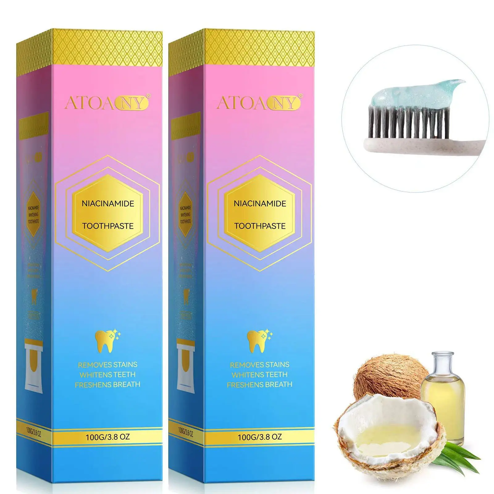 Atoany Natural Organic Niacinamide Bright White Toothpaste with Xylitol and Coconut Oil, Brighten Teeth, Fresh Breath, Oral Hygiene, Gentle Ingredients