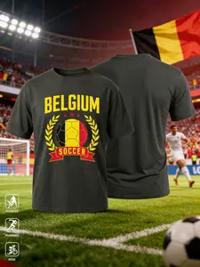 Men's Summer Belgium Football Shirt, Gym Sport Training Round Neck Short Sleeve T-Shirt, Casual Streetwear Fashion