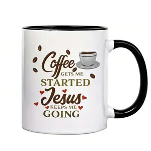 Coffee Mug with a Religious And Inspirational Theme, Featuring a Design That Says 'Coffee Gets Me Started Keeps Me Going