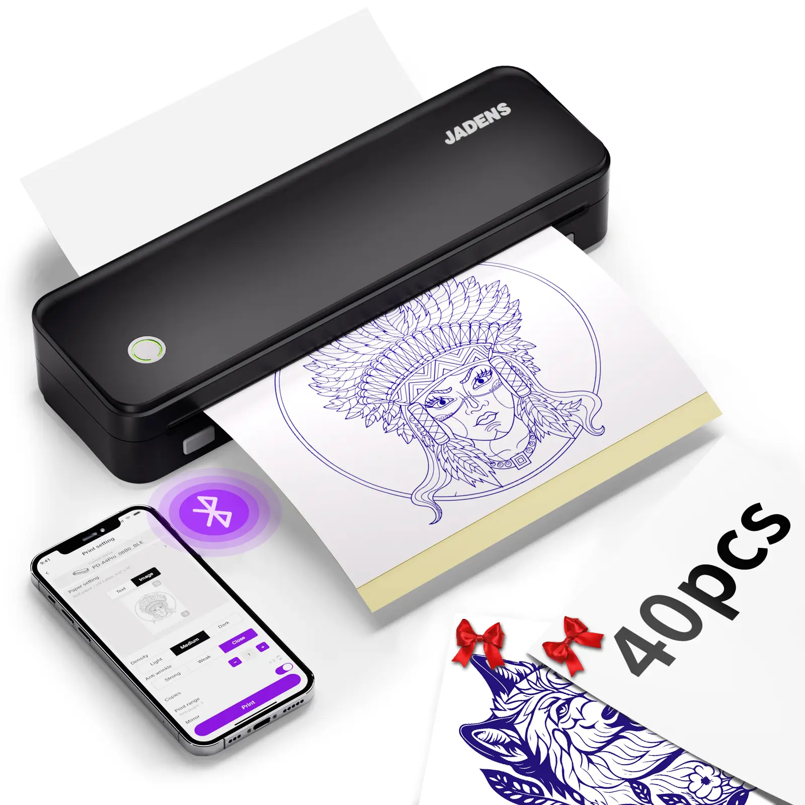JADENS Wireless Tattoo Transfer Stencil Printer, Portable Thermal Tattoo Machine for Tattoo Beginners with 40pcs Stencil Paper, Rechargeable & Inkless