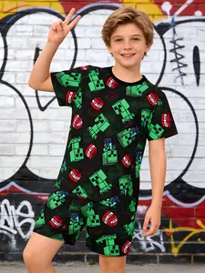Boys' Minecraft Themed Set, Base Color, Fun Pixel Game Style, Perfect for Parties & School Wear, Summer Casual Clothing