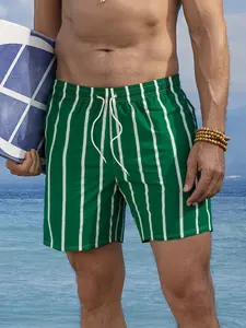 Men's Summer Beach Shorts, Striped Hawaiian Style Casual Breathable Clothing, Comfortable Durable, Perfect for Vacation Use