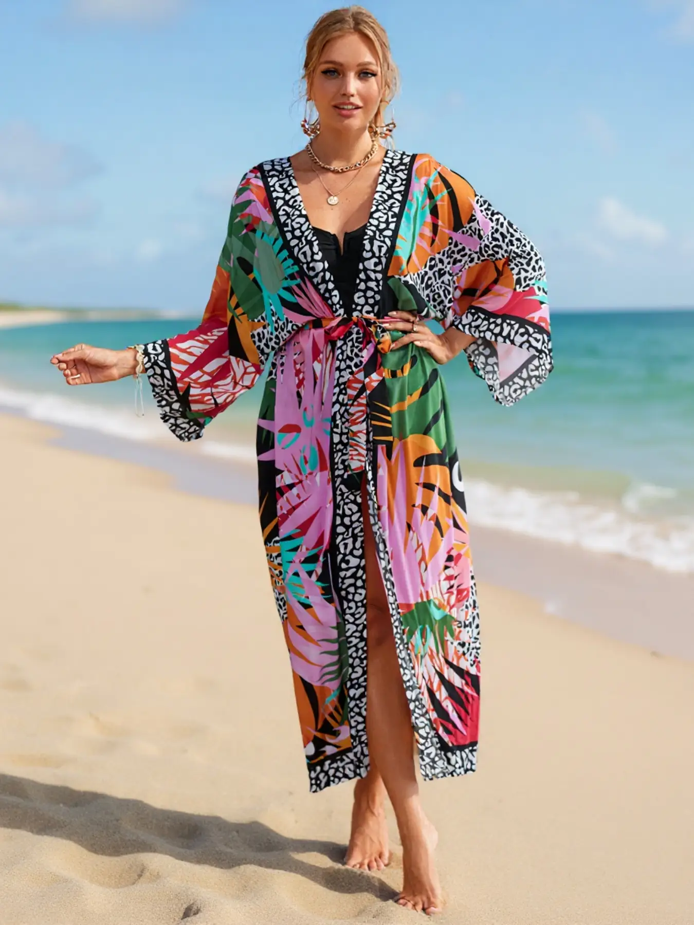 Women's Plants Print Belted Cover Up, Boho Long Sleeve Open Front Cardigan Kimono for Beach Vacation, Women's Swimwear for All Seasons