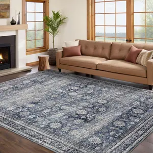 Washable Rugs 5x7 Area Rug Living Room Distressed Vintage Area Rug for Bedroom Stain Resistant Rugs for Office Non Slip Oriental Rug Blue