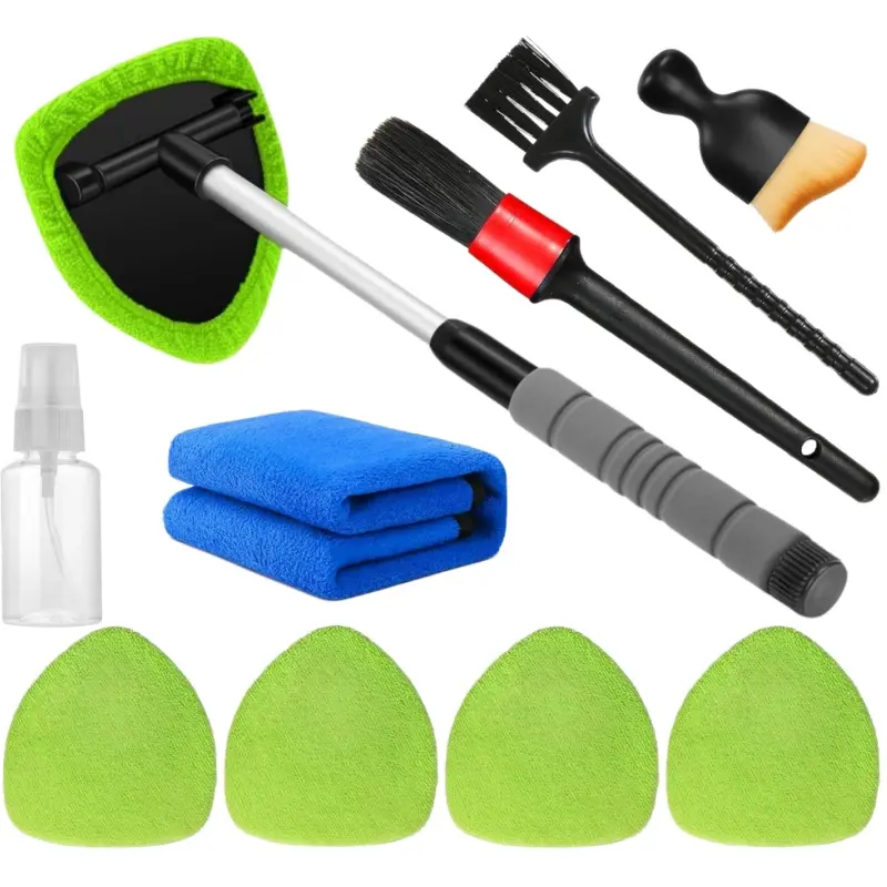 10pcs Windshield Cleaner Tool Kit, Car Window Cleaner with Extendable Handle, 4 Reusable Microfiber Pads & Spray Bottle, Interior Auto Glass Wiper for Car Detailing, Car Cleaning Supplies, Auto Detailing Products