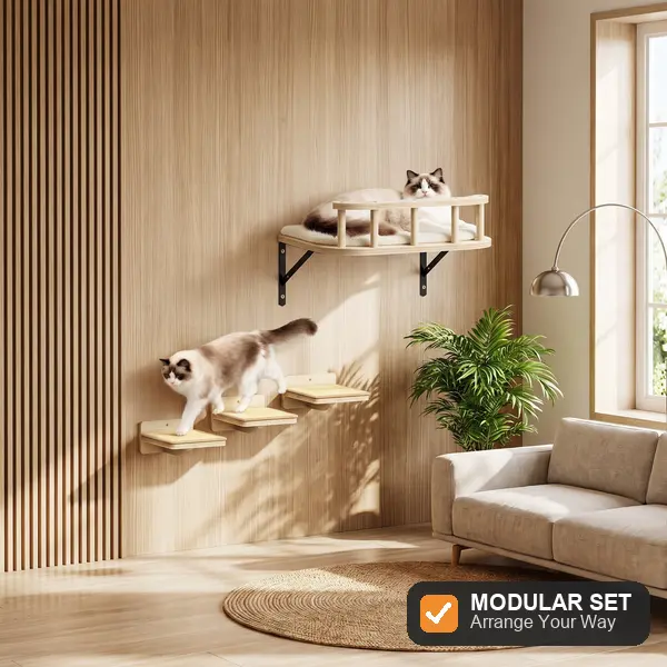 Modular Cat Wall Shelf Set, 4-Piece Wall-Mounted Cat Climbing Shelves, Wooden Cat Perch + 3 Sisal Steps, Rearrangeable Cat Wall Furniture for Indoor Cats