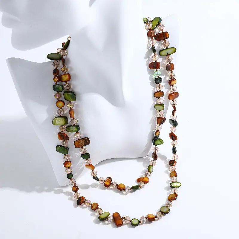 Colorful Bead Long Necklace for Women Boho Handmade Irregular Natural Shell jade Glass Beads Vintage Chunky Layered Sweater Chain Accessory Statement Jewelry Colorful Shell Design, Irregular Beads, Layered Chain summerwins,
