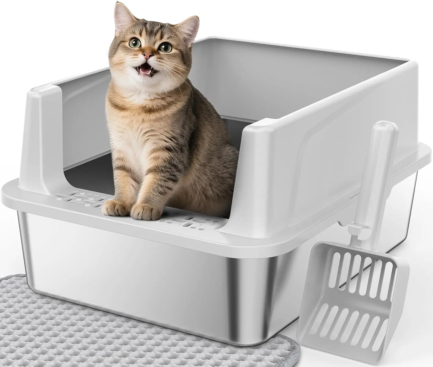 【DealsForYouDays】Misofog Stainless Steel Cat Litter Box, Easy-Clean High-Sided Metal Litter Box, Open-Top Litter Pan for Small Cats, Includes Scoop & Mat, Non-Stick, Anti-Leakage, 17"×13"×8.4" design bottom odor toilet odorless