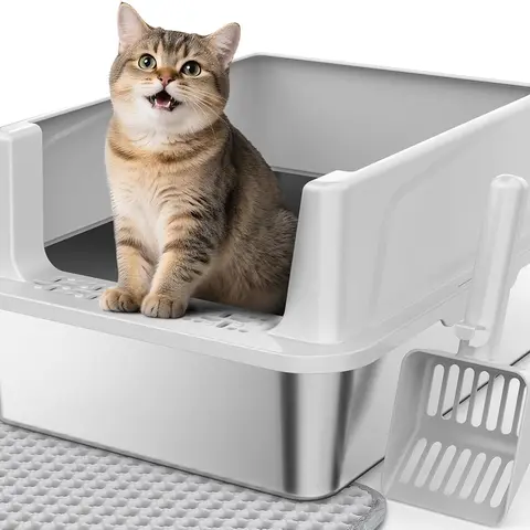 Misofog Stainless Steel Cat Litter Box - Easy-Clean High-Sided Metal Pan with Non-Stick, Anti-Leakage Design, Open-Top for Small Cats, Includes Scoop & Mat, 17"×13"×8.4" Bottom Odor Control for Pet Lovers,cat litter mat