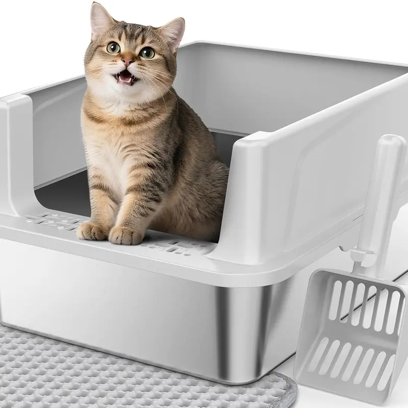 Misofog Stainless Steel Cat Litter Box - Easy-Clean High-Sided Metal Pan with Non-Stick, Anti-Leakage Design, Open-Top for Small Cats, Includes Scoop & Mat, 17"×13"×8.4" Bottom Odor Control for Pet Lovers,cat litter mat