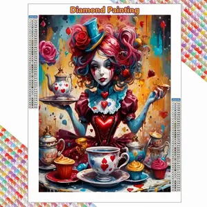 Alice Queen of Hearts Tea Party 5D Full Drill Diamond Painting Kit Handicraft - Whimsical Gothic Fantasy Art with Teacups, Hearts & Roses, Full Round Drill Bold Watercolor Splash Mosaic Craft, DIY Rhinestone Art for Whimsigoth & Bedroom Decor