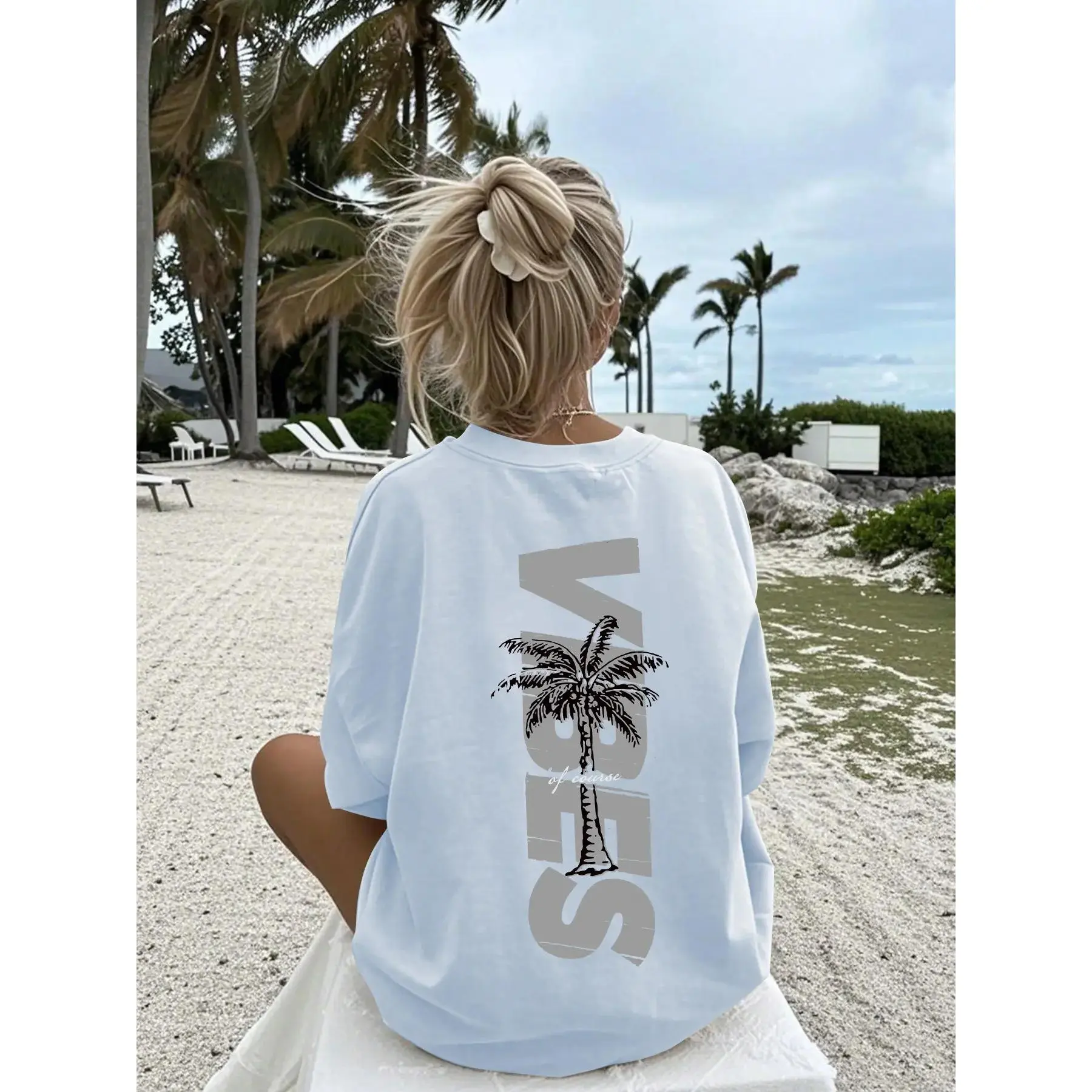 Women's Casual Loose Fit Round Neck Knit T-Shirt with Tropical Coconut Tree Vibes Print, Perfect for Summer Beach Vacation and Daily Wear, Stylish Comfortable Lightweight Breathable Top, Tshirt