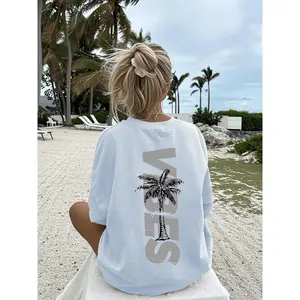Women's Casual Loose Fit Round Neck Knit T-Shirt with Tropical Coconut Tree Vibes Print, Perfect for Summer Beach Vacation and Daily Wear, Stylish Comfortable Lightweight Breathable Top, Womenswear Tshirt