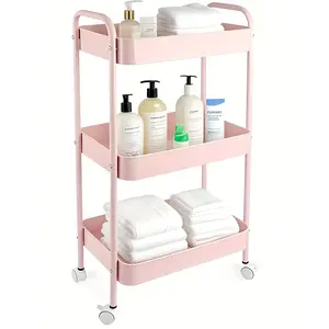 Simple Houseware 3-Tier Heavy Duty Metal Utility Rolling Cart, Pink