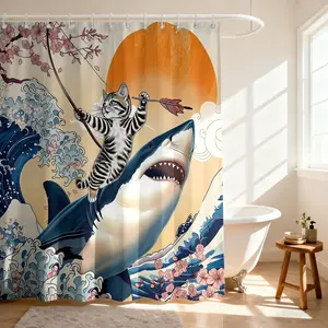 1pc Shark and Cat Pattern Removable Shower Curtain, Waterproof Bathroom Curtain with Hooks, Decoration for Home, Hotel, Apartment, Dorm and Spa
