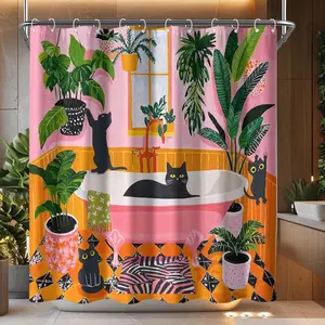 Fun Cat-themed Shower Curtain, Bohemian Style, Cute and Playful Black Cat Matisse Style, Suitable for The Bathroom, Decorated with A Kitten and Green Tropical Plant Leaf Pattern, 72 X 72 Inches.