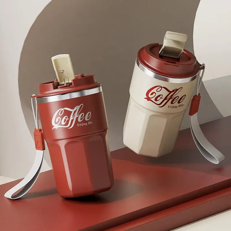 Stainless Steel Coffee Cup with Lid & Lanyard, Insulated Coffee Mug, Portable Drinking Cup for Home Office Outdoor Camping