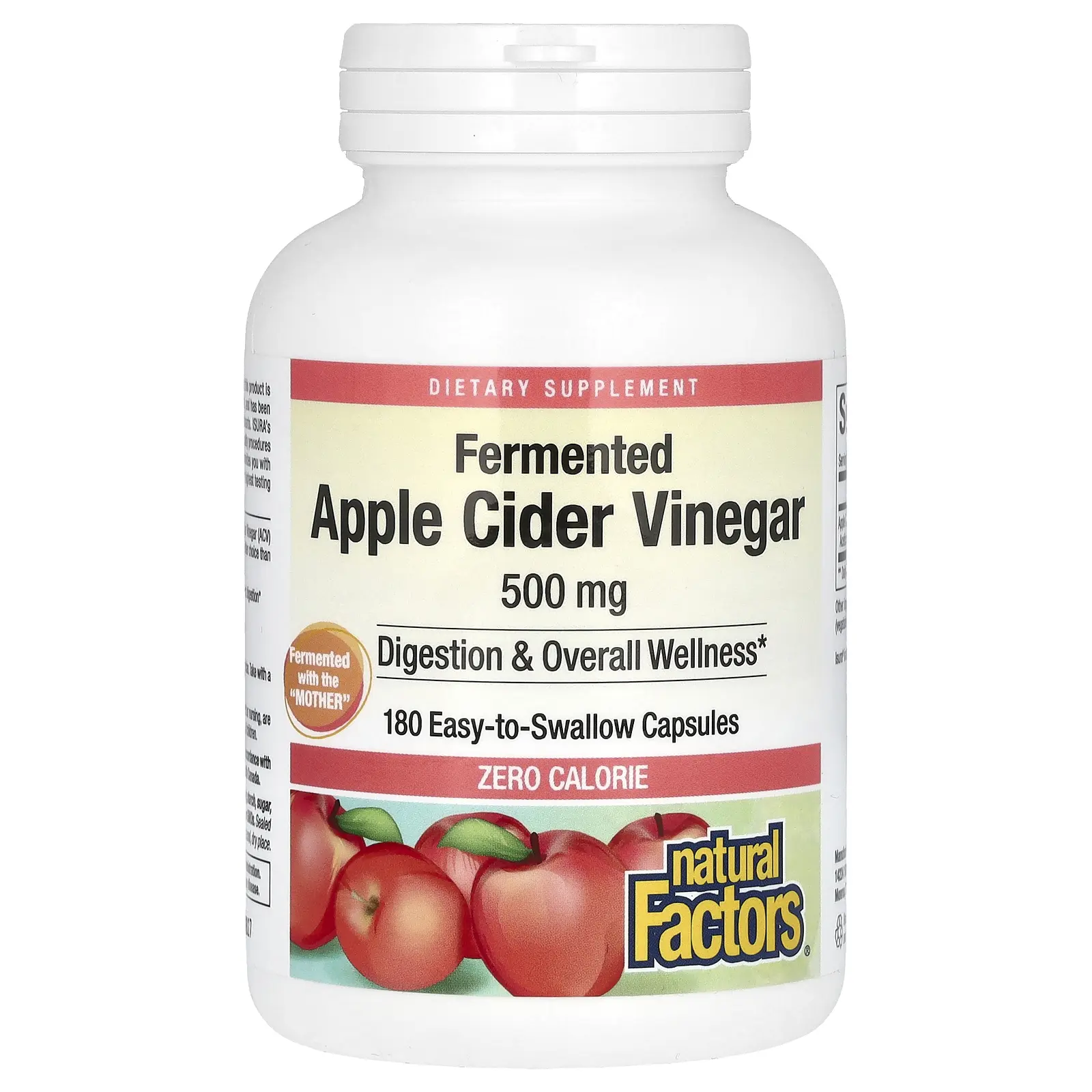 Natural Factors Fermented Apple Cider Vinegar, 500 mg, 180 Easy to Swallow Capsules