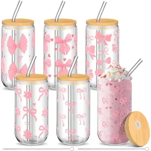 6 count  Bow Aesthetic Glass Cups with Lids and Straws 16 oz Bow Iced Coffee Mug  Glass Cup Tumbler Trendy Mug for Women Friend Sister(Pink)