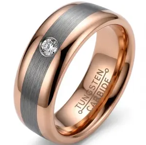 Lanyjewelry Women's Elegant 5mm Tungsten Carbide Ring - 2-Tone Rose Gold and Brushed Grey, with Flush-Set Synthetic Diamond Accent