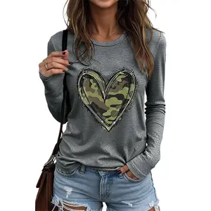 Flamingals Heart Pattern Round Neck Long Sleeve T-Shirt for Casual Wear with Camouflage Design and Comfortable Fit