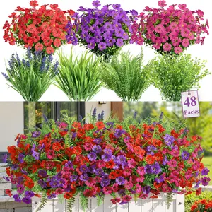 SHareconn 48/24 Bundles Artificial Flowers for Outdoors Spring Summer Decoration, UV Resistant Eucalyptus Violet and Lavender Silk Fake Plants for Outside Indoor Yard Home Patio Decor, Red Rose Purple