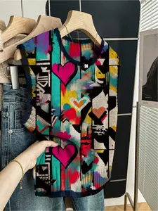 One piece, Casual Chic Knitwear, Women's spring/summer casual loose-fit round-neck sleeveless knit top, Dark blue contrast trim, color-block patchwork heart print, Valentine's vibe - layer or wear solo, Colorblock Pullover Casual Top