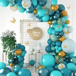 168PCS Teal Balloons Garland Arch Kit, Double-Stuffed Dark Teal Blue Turquoise Metallic Gold Green Balloons with 12Pcs Butterfly for Birthday Wedding Baby Shower Party Decorations Hand Knot