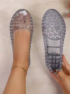 Summer Crystal Cutout Wedge Sandals, Women's Transparent Rhinestone Plastic Slippers, Anti-Slip Breathable Mom Shoes, Outdoor Beach Shoes