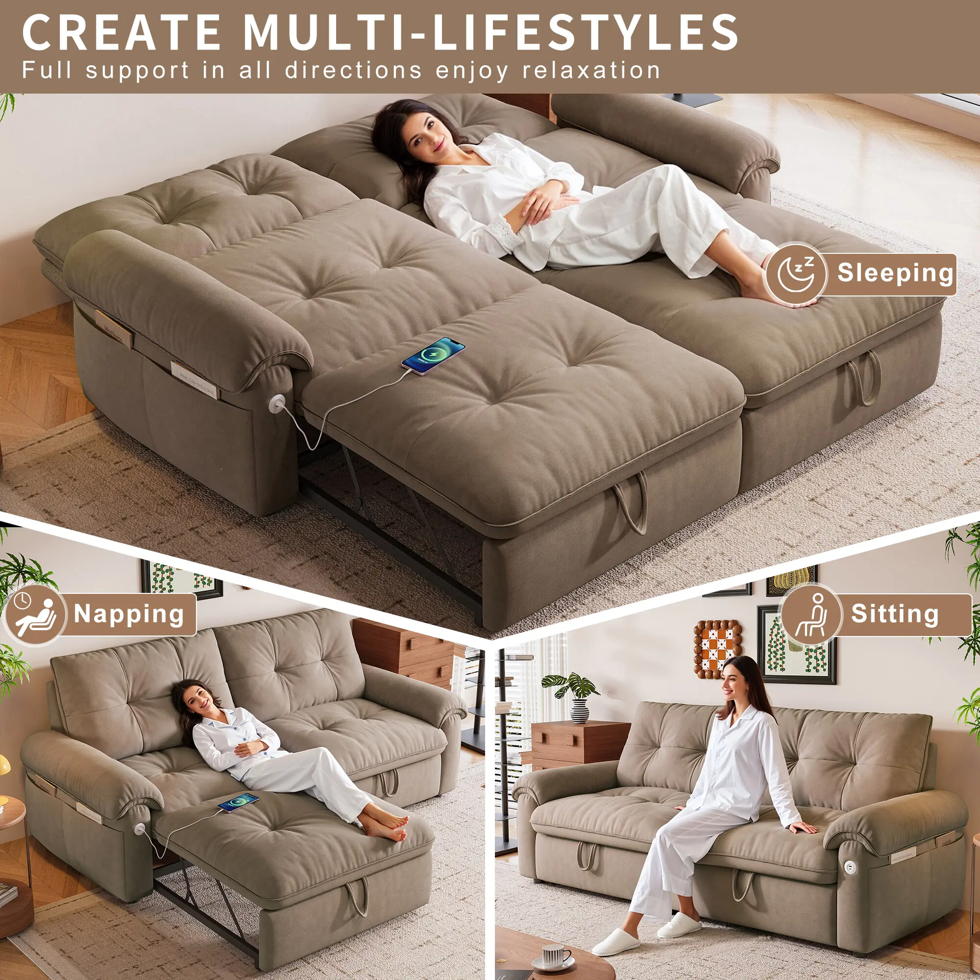 3-in-1 Convertible Sleeper Sofa Bed - Adjustable Pull-Out Folding Comfy Couch with Multi-Pockets, Compact Space Saving Furniture for Small Living Room Bedroom, Easy-Install Modern Indoor Sofa