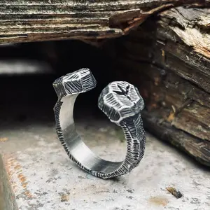 GTHIC Hammered Pattern Runes Stainless Steel Open Ring for Men Women Fashion Accessory Daily Wear
