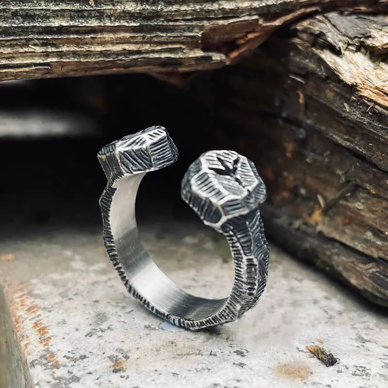 GTHIC Unisex Hammered Pattern Rune Stainless Steel Open Ring, 4.76 mm Wide, Fashion Jewelry Accessory for Daily Wear