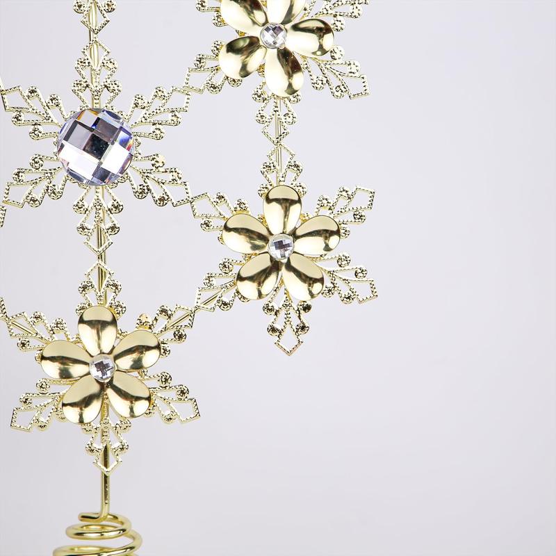 Exquisite Gold Christmas Tree Topper, 11" Snowflake Tree Toppers Chrismtas Decorations with Crystal Poinsettias Flowers, Metal Treetop Xmas Winter Holiday Decor, Vintage Snowflake Gem Jewel Ornaments