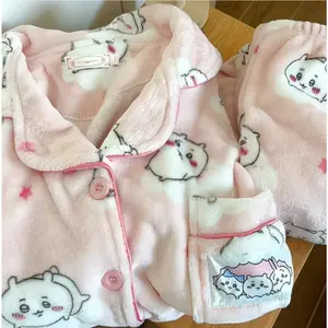 Cartoon anime chiikawa velvet pajamas, women's winter flannel soft and comfortable warm student home suit set，birthday gift