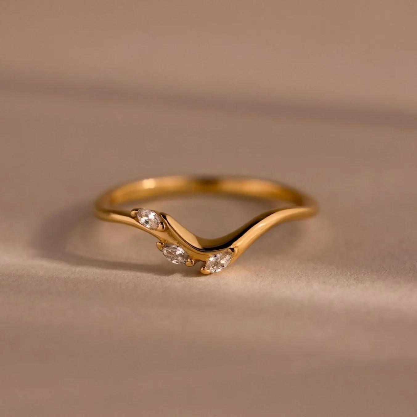 Marquise Diamond Curve Ring by Caitlyn Minimalist - Dainty Curved Diamond Stacking Ring - 18K Gold Plated Wave Chevron Ring - Delicate Wedding Jewelry - Anniversary Gift