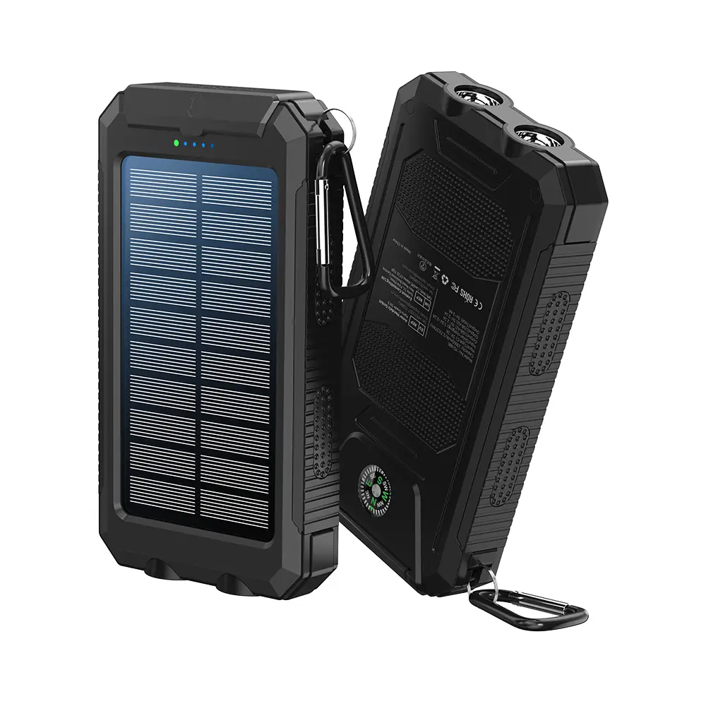Portable Solar Power Bank 10000mAh Solar Charger with Double Bright LED Flashlight, Multifunction outdoor IP65 Waterproof solar power bank，Built in Do