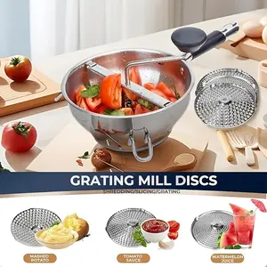 A Stainless Steel Food Grinder with Three Grinding Discs, Designed Ergonomically for Rotating Food Grinding, Suitable for Making Ketchup, Mashed Potatoes, Applesauce, Etc., Featuring a Silicone Handle And Dishwasher Safe