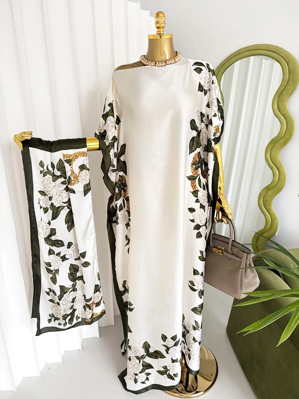 Minimalist Resort Vibe Breathable White Botanical Maxi Dress Elegant Floral Loose-Fit Kaftan & Turban Set